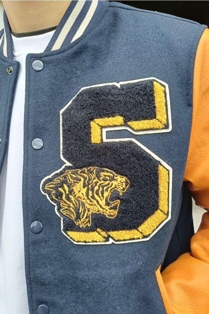 VINTAGE PATCHED VARSITY JKT M5012183A ECLIPSE NAVY/MUSTARD